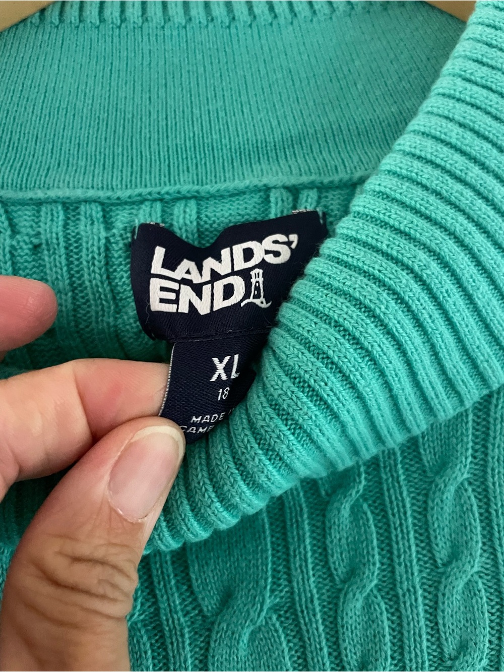 Lands' End Green/Blue Cable-Knit Crewneck Sweater - Picture 4 of 5